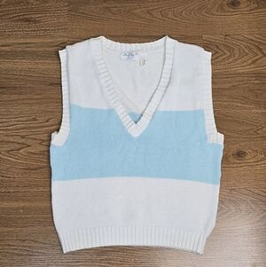 Vintage Cheryl Tiegs Sweater V-Neck Vest White/Blue Stripe 100% Cotton Made USA